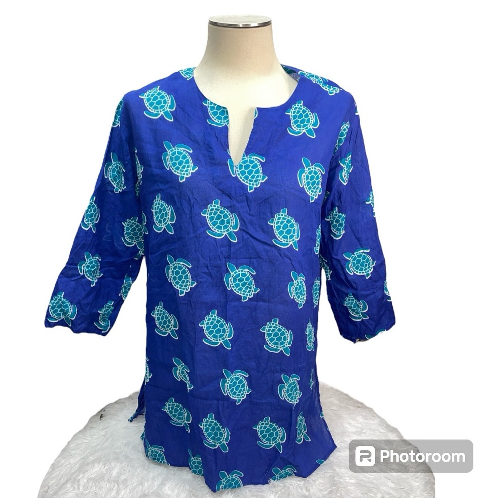 KikiSol Teal and Blue Turtle Print Tunic Beach Pool Cover Up Women's Size M